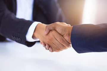 Meeting, handshake and teamwork for sales deal, success and b2b collaboration. Closeup, agreement...