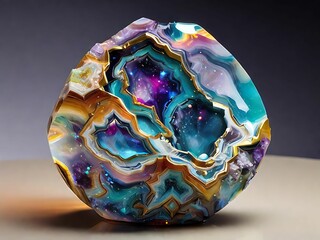 Sculpt a holographic representation of an opal geode, abstracted into intricate geometric forms and patterns that mimic the vibrant play of colors and crystal-lined interior of this mineral formation.