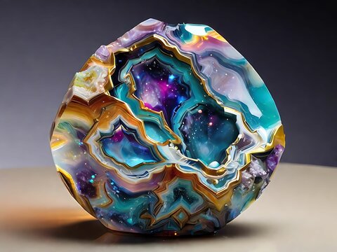 Sculpt a holographic representation of an opal geode, abstracted into intricate geometric forms and patterns that mimic the vibrant play of colors and crystal-lined interior of this mineral formation.