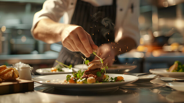 Master chef de cozinha preparando um belo e saboroso prato gourmet, culinária gastronomia