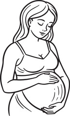 pregnant woman holding her belly black and white illustration