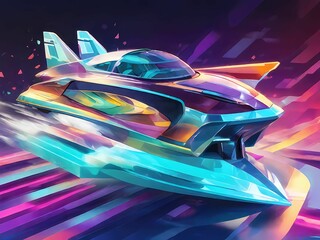 Create a holographic representation of speedboats racing, abstracted into geometric shapes and patterns that convey the sleek design and high-speed action of this marine competition.