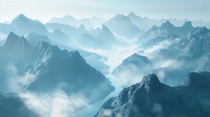 A mountain range with a river running through it and fog under a clear sky