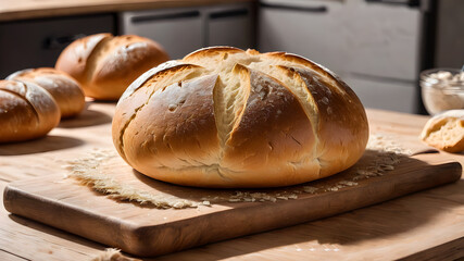 fresh round bread on the table. rustic freshly baked bread