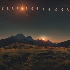 Naklejka premium Time-lapse photography of serene moon phases over a mountain landscape, showing the passage of time and the moon's tranquil influence