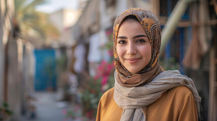 Fototapeta premium Middle Eastern woman in a headscarf, smiling brightly and standing in front of a house