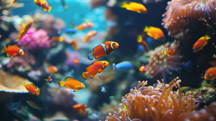 Vibrant coral reefs with colorful fish in the ocean