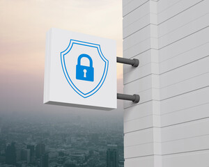 Padlock with shield icon on hanging white square signboard over city tower and skyscraper at sunset sky, vintage style, Technology security insurance concept, 3D rendering
