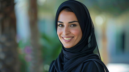 Attractive Saudi woman with a happy expression, wearing a veil and standing in her estate