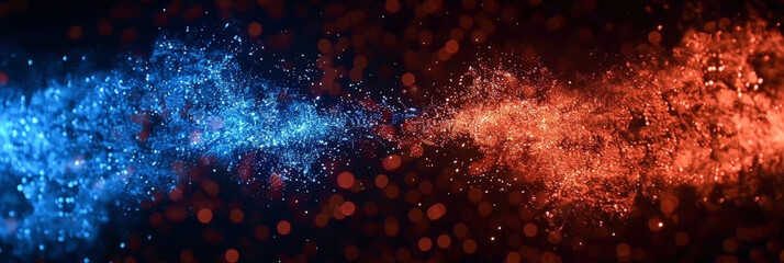 Dynamic collision of red and blue particles creating a vibrant and energetic visual effect in a digital space with glowing bokeh lights against a dark background

