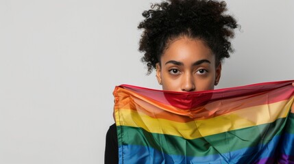 Woman Holding Rainbow Flag in Front of Face