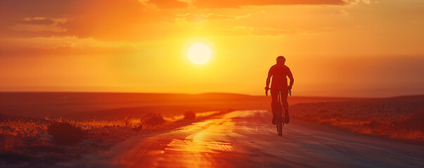Obraz premium A lone cyclist rides down a serene road towards a vibrant sunset, capturing the essence of solitude and the beauty of nature.