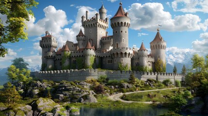 Fototapeta premium Majestic castle on a hill, surrounded by lush gardens and moats, a historical symbol of power and wealth, perfect for a fantasy or historical theme