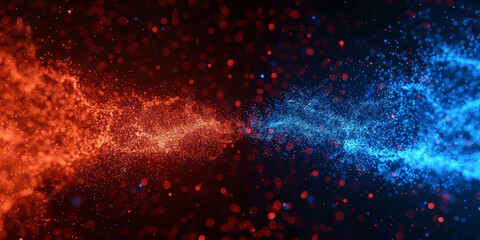 Fototapeta premium Dynamic collision of red and blue particles creating a vibrant and energetic visual effect in a digital space with glowing bokeh lights against a dark background 
