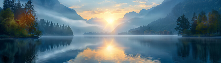 Obraz premium A serene sunrise over a calm lake surrounded by misty mountains and vibrant autumn trees, reflecting perfect natural beauty.