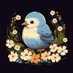Cute blue bird on branch with flowers. Chick in wreath of flowers. Symbol spring. Cartoon illustration on black background