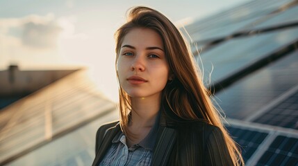 A woman looks at the camera, with solar panels in the background. Solar energy generation concept, future for people. Copyspace.