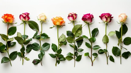 Fototapeta premium Colorful Varieties of Roses on White Background - Vibrant Blossoms in a Row for Floral Stock Photography