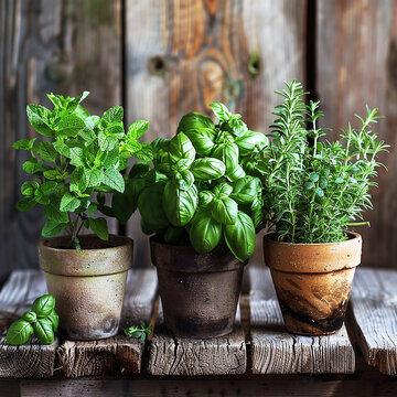 Popular herbs such as basil, coriander, rosemary and parsley standing on a rustic table. AI generative.