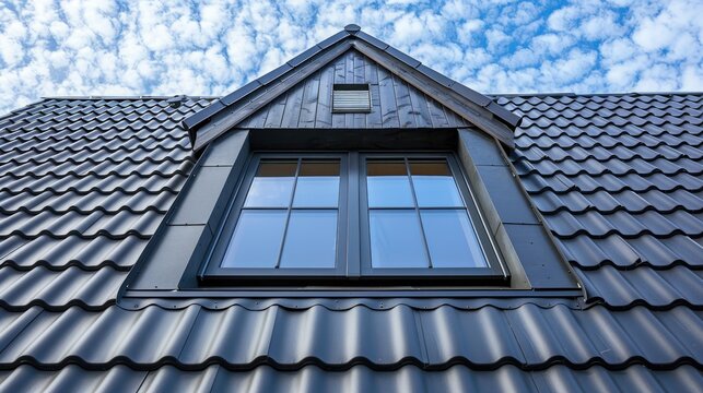 Window on a sloped roof covered in tiled with titanium zinc cladding on the front