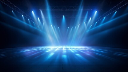 Stage lights blue spotlight strike through the darkness background