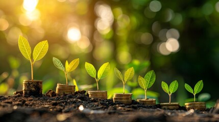 Illustrate seedlings growing stronger, their stems thickening and leaves expanding to catch the sunlight, utilizing the rain and nutrients from the surrounding environment. And gold coins