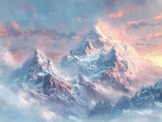 Mountain landscape wallpaper, majestic peaks and serene valleys, soft pastels and realistic textures, creating a tranquil escape in a bedroom or meditation space