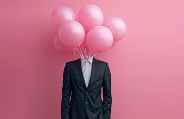 Surreal image of a person in a suit with pink balloons as a head against a pink background, representing creativity and imagination.