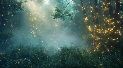 Mystical forest with fog and fairy lights, dark greens and soft glows, enchanting and mysterious, perfect for a fantasythemed setting