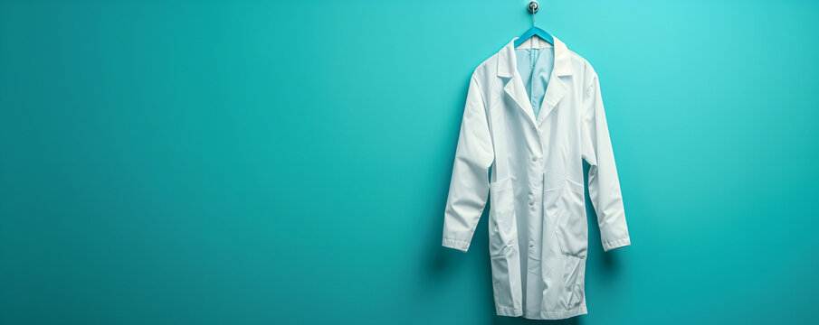 White lab coat hanging on a turquoise wall background, representing professionalism and medical or scientific environment.