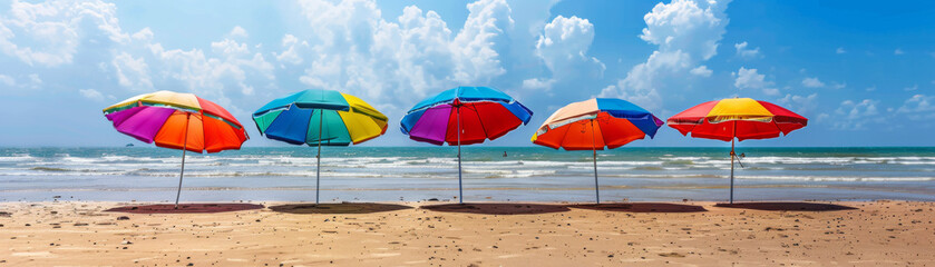 Colorful beach umbrellas lined up on the sandy shore, calm waves in the background, bright sunny day, realistic photography, high detail, relaxation and leisure