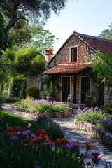 Stone Cottage with a Blooming Garden