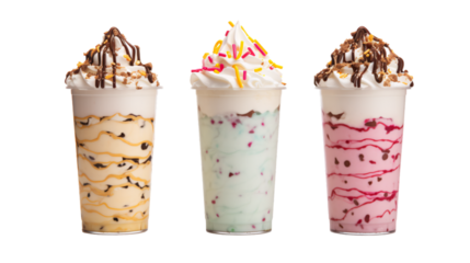 Passion fruit, blueberry and strawbery milkshake on an isolated background