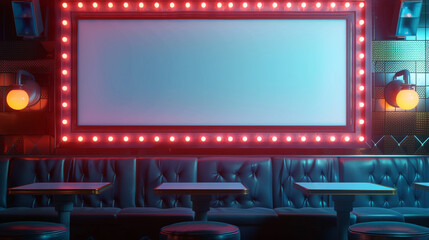 Retro diner style blank billboard mockup, 3D rendered with neon lights, perfect for themed promotions.