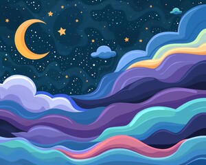 night sky with clouds flat design top view night theme cartoon drawing Analogous Color Scheme