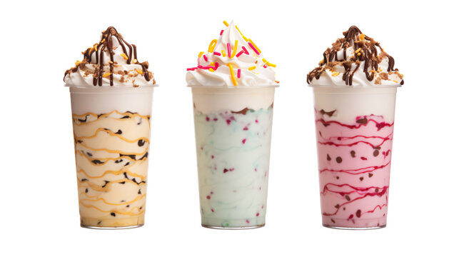 Passion fruit, blueberry and strawbery milkshake on an isolated background