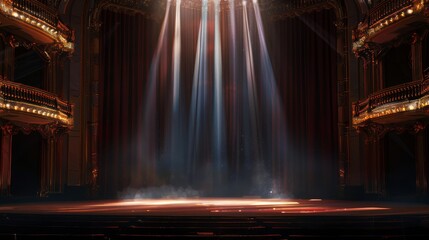 Opera singer on a grand stage with dramatic lighting, empty stage edge for copy, Opera, Digital art