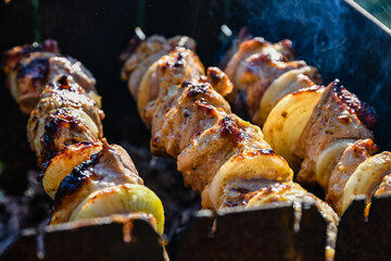 Marinated shashlik (or shish kebab) preparing on a skewers over charcoal
