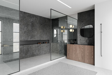 Modern bathroom with glass shower, wood cabinet, gray tiles, and large mirror, minimalistic interior, light background, contemporary design.  3D Rendering