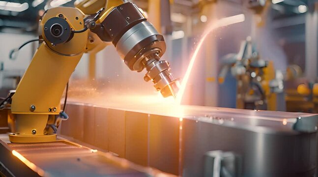 A robotic welding arm in a manufacturing factory exudes precision and advanced industrial technology.