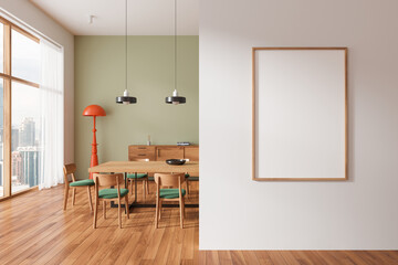 Green home living room interior with table and panoramic window, mockup frame