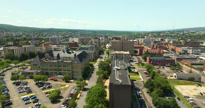 Aerial view of Scranton, the largest city in Northeastern Pennsylvania with old historical architecture. USA panoramic cityscape