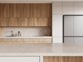 Mockup stone countertop on background of kitchen interior cooking cabinet