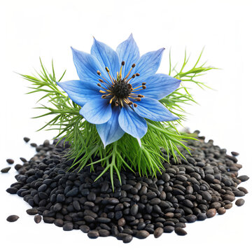 Black cumin seeds with blue cumin flower, isolated on white transparent background, png element