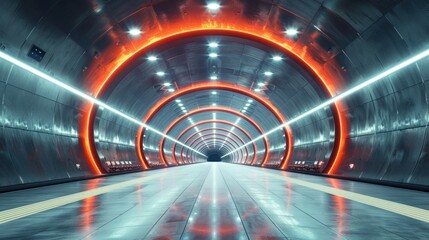 Create a blank style mock-up of an underground subway system with modernized stations and high-tech features