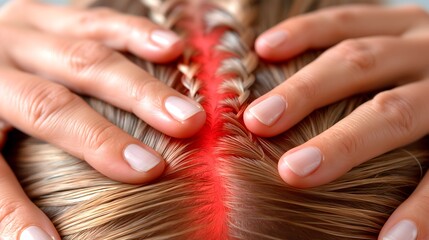 Scalp irritation shown with hands parting hair