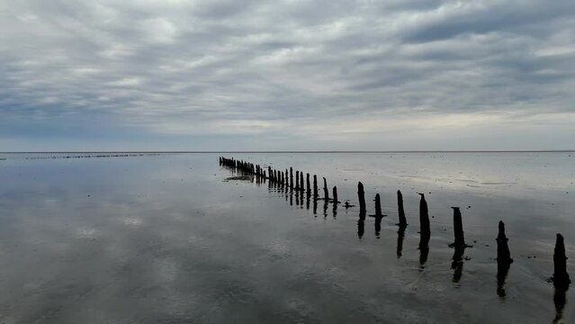 Aerial View: Wadden Sea near Wierum, Friesland, Netherlands with Wooden Posts and Stunning Cloud Reflections