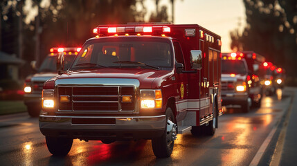 Design a blank style mock-up of an emergency response transportation network including ambulances and fire trucks