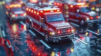 Design a blank style mock-up of an emergency response transportation network including ambulances and fire trucks