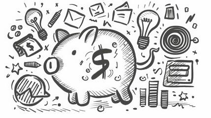 hand-drawn black and white with financial icons, piggy bank